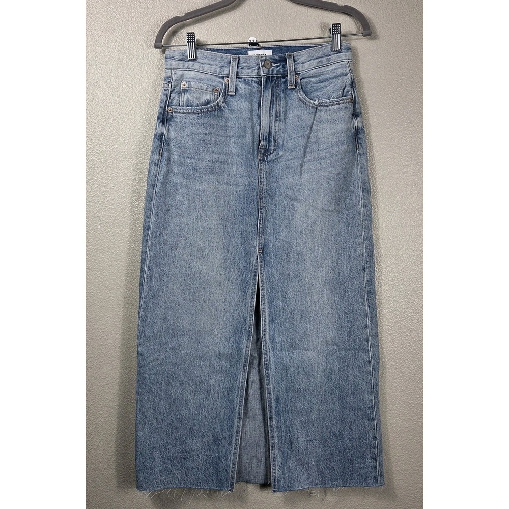 Pistola Alice Denim Midi Skirt Women Size 25 Light High Rise Front Slit Raw Hem